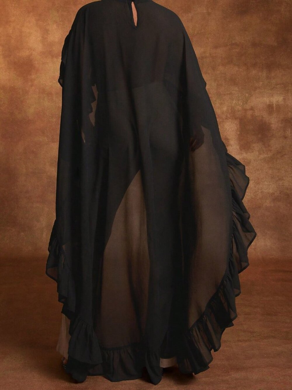 Black Women's Sheer Chiffon Layered Ruffle Mock Neck Hem Top - Picture 2 of 5